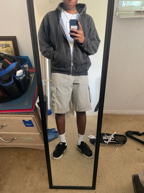 Cargo Shorts and Black jacket with puma suedes fit Baggy Cargo Shorts Outfit Men, Black Cargo Shorts Outfit Men, Black Cargo Shorts Outfit, Puma Suede Outfit Mens, Cargo Shorts Men Outfits, Puma Suede Outfit, Puma Suede Black, Cargo Shorts Outfit, Style Cargo Shorts