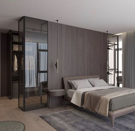 Wardrobe Design Corridor, Dressing Behind Bed, Bedroom Walk In Closet Behind Bed, Luxury Bedroom Color Schemes, Bed Wardrobe Design, Walk In Wardrobe Behind Bed, Walk In Closet Behind Bed, Wardrobe Behind Bed, Closet Behind Bed