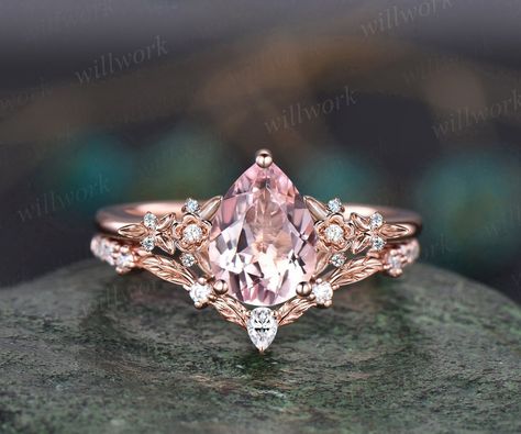 Vintage Pear Pink Morganite Engagement Ring Floral Leaf Diamond Ring Solid 14k Rose Gold Nature Inspired Bridal Wedding Ring Set Women - Etsy Morganite And Gold Engagement Ring, Wedding Rings Pear Rose Gold, Morganite Earrings Rose Gold, Fairytale Wedding Ring, Wedding Rings Pink, Engagement Rings Pink, Pink Wedding Ring, Pink Moissanite Engagement Ring, Engagement Ring Floral