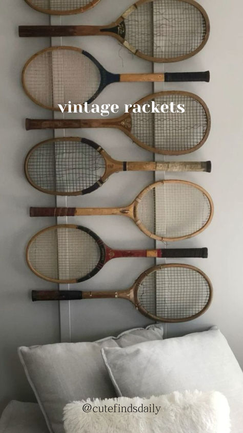 SHOP HERE: https://ltk.app.link/CxYQrJ0WTNb Tennis Racket Art Wall Decor, Vintage Tennis Racket Decor Wall Art, Vintage Tennis Racket Decor, Tennis Racket Decor, Vintage Sports Bedroom, Nantucket Cottage, Sport Bedroom, Vintage Tennis, Tennis Racquet