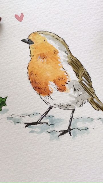 Cute Robin Illustration, Cute Robin Drawing, Christmas Robin Illustration, Ellie Hooi Illustration, Watercolor Robins, Simple Watercolor Art, Robin Illustration, Robin Drawing, Painting Basics