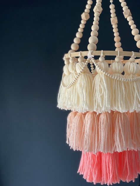 Diy Yarn Chandelier, Chandelier Nursery, Yarn Chandelier, Tassel Mobile, Nursery Chandelier, Kids Chandelier, Lamp Boho, Wooden Bead Chandelier, Decorative Chandelier