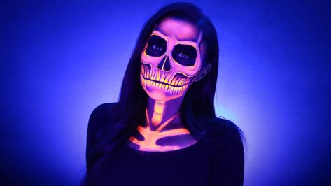 Glow In The Dark Halloween Makeup, Black Light Skull Makeup, Glow In The Dark Skull Makeup, Uv Skull Makeup, Glow In The Dark Skeleton Makeup, Glow In The Dark Makeup, Sugar Skull Makeup Easy, Glow Face Paint, Cheshire Cat Halloween