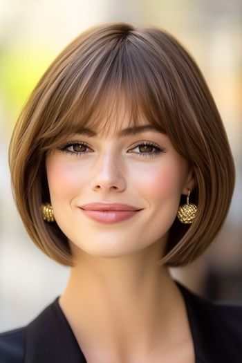 Save this pin for the best bob haircuts with bangs. This classic bob features sleek, straight lines with the addition of soft, wispy bangs. The wispy bangs bring in a touch of elegance. Side Bangs Layered Hair Medium, Short Bob Haircuts With Curtain Bangs, Hairstyles Bangs Medium, Side Part Bob With Bangs, Short Hairstyle With Bangs Women, Bangs Hairstyles Short Hair, Short Hairstyles With Curtain Bangs, Short Hairstyle Women With Bangs, Short Hair With Wispy Bangs