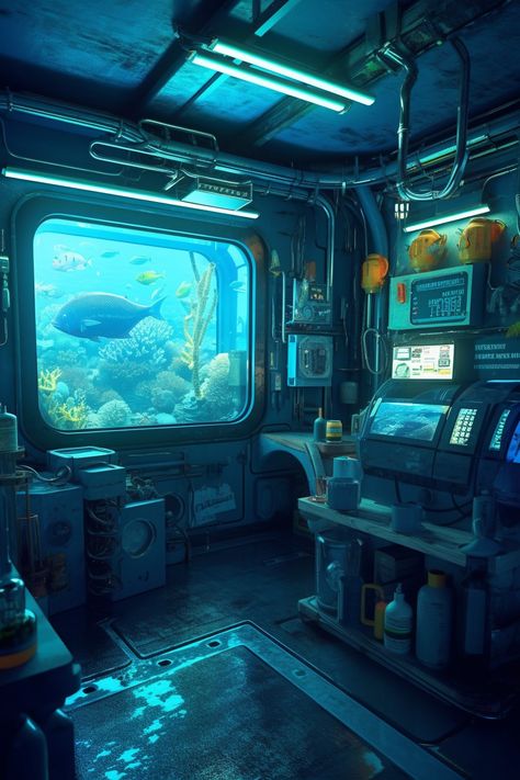 Underwater Base Concept Art, Futuristic Ocean City, Hydro Punk City, Sci Fi Aquarium, Water Cyberpunk, Cyberpunk Aquarium, Underwater Cyberpunk, Subnautica Aesthetic, Underwater Laboratory