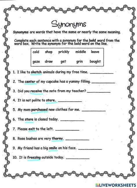 Synonyms Sentences Worksheet, Synonyms Worksheet Grade 5, Synonyms Worksheets, Synonyms Worksheet, Worksheets For Class 1, Word Boxes, Bold Words, Nouns Worksheet, Mathematics Worksheets