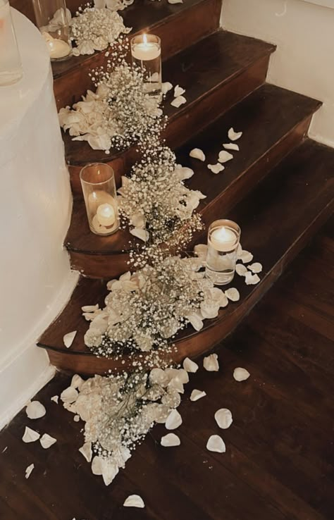 Decorating Stairs For Wedding, Stairs Wedding Decor, Hallway Decorating Wedding, Stairway Wedding Decor, Wedding Stair Decor, Wedding Stairs Decoration, Candle Stairs, Wedding Staircase Decoration, Wedding Stairs