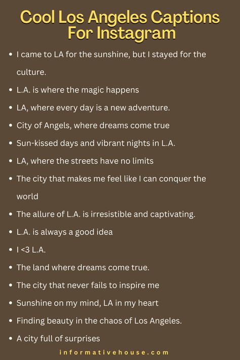 Unleash Your Inner Hollywood Star with Los Angeles Captions for Instagram Hollywood Captions Instagram, City Of Angels Aesthetic, La Captions Instagram, Los Angeles Captions Instagram, Los Angeles Quotes, Los Angeles Quote, Ig Presets, Best Captions For Instagram, Hollywood Quotes