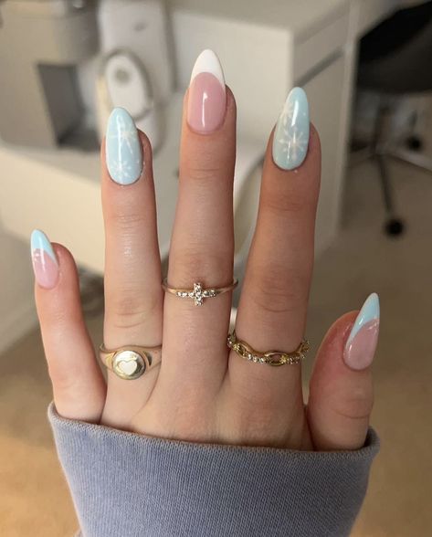 Light Blue French Tips, Light Blue Acrylic Nails, Winter Blue Nails, Snowy Nails, January Nail, Winter Pastels, Blue French Tips, January Nails, Blue Acrylic Nails