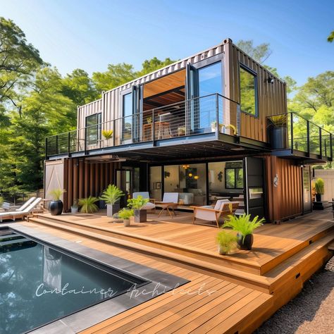 2x20’ HC Containers with deck space in the middle. What do you guys think?✨🌿 ➡️ Message Us for Custom Designs and Plans [Copyrights ©… | Instagram Container Modern House, Shipping Container Home Designs Ideas, Shipping Container Home Plans, Container Vacation House, House Container Ideas, Home Container, Storage Container House, Container House With Courtyard, Two Story Container House Design