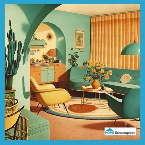 1960s House Decor, 1970s Revival Interior, 1950s Color Palette Interior Design, 1960s Lounge Room, 70s Home Sims 4, 1950’s Living Room, Retro Home Decor 1950s, Hippie Interior Design, Living Room 60s