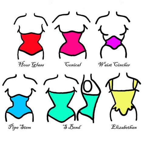 Corset Types Chart, Corset Types Names, Different Corset Shapes, Different Corset Types, How To Draw A Corset, Waist Sketch, Corset Drawing Reference, Corset Shapes, Type Of Corset