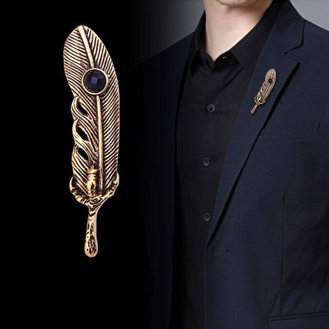 Lapel Pins Suit, Metal Feather, Men's Brooch, Tuxedo Accessories, Feather Brooch, Brooch Men, Collar Pins, Fashion Business Casual, Antique Metal