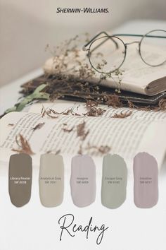 Colder temperatures make for the perfect time to snuggle up with comfort colors, like those found in the reading palette. Tap to order free color chips to see how they would look in your space. #sherwinwilliams #paint #painting #diy #renovation #colorinspiration #paintinspiration #decor #interiordesign #colorpalette #reading #books #bookaesthetic Light Academia Bedroom Paint Colors, Therapeutic Paint Colors, Home Library Color Palette, Cottagecore Wall Paint Colors, Reading Room Paint Colors, English Country Paint Palette, Sherwin Williams Rosemary Color Palette, Comforting Color Palette, Farmhouse Color Palette Rustic