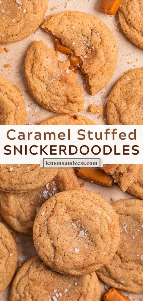 This easy Caramel Stuffed Snickerdoodle recipe is the cookie of your dreams! A soft and chewy cinnamon sugar cookie filled with a melty, gooey caramel center. Eat them warm for soft, pull apart caramel or cooled for a chewy center. Stuffed Snickerdoodle Cookies, Stuffed Snickerdoodles, Snickerdoodle Recipes, Easy Snickerdoodle Recipe, Snicker Doodles, Cinnamon Sugar Cookies, Lemon Cookies Recipes, Easy Caramel, Gooey Caramel