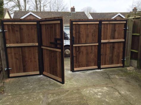 Bifolding gate Bifold Gate Diy, Bifold Gates Driveway, Bifold Driveway Gate, Bifold Gate, Driveway Gate Diy, Wood Fence Gates, Wooden Gates Driveway, Backyard Gates, Yard Gate