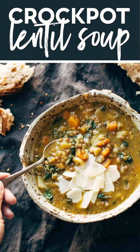 Detox Crockpot Lentil Soup - a nourishing and easy soup recipe made with onions, garlic, carrots, kale, olive oil, squash, and lentils. Vegan / vegetarian / gluten free and SUPER delicious! #crockpot #slowcooker #lentils #vegan Squash And Lentils, Crockpot Lentil Soup, Garlic Carrots, Lentils Vegan, Best Crockpot, Vegetarian Gluten Free, Easy Soup, Vegetarian Soup, Best Detox