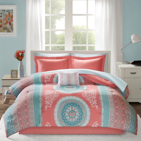 Add a classy accent to your bedroom space with the selection of this Intelligent Design Eleni 9-Piece Coral Full Comforter Set. Offers lasting durability. Coral Bedding Sets, Comforter Sets Boho, Full Comforter Sets, Boho Comforters, How To Clean Pillows, Twin Comforter Sets, Twin Xl Comforter, Twin Comforter, Value City Furniture