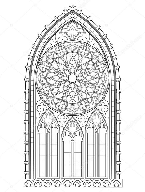 Vector of Beautiful Gothic stained glass window with rose. Medieval architecture in western Europe. Black and white fantasy drawing for coloring book. Worksheet for children and adults. Vector image. Europe Black And White, Drawing For Coloring, Cocktail Book Design, Gothic Architecture Drawing, Book Worksheet, Watercolor Wallpaper Iphone, Gothic Windows, Gothic Pattern, Window Drawing