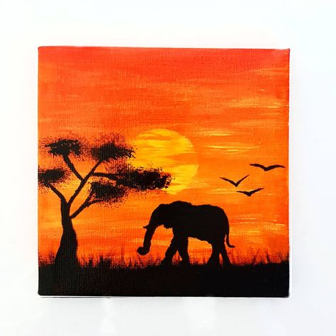 This sunset painting with a giant elephant's silhouette, is blazing with fabulous colours and is overlooked by a bold, bright yellow sun. Savannah Painting, African Sunset Painting, Sunset Savannah, Painting Elephant, Sunset Canvas Painting, Acryl Painting, Elephant Silhouette, Beach Art Painting, Art University