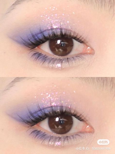 Purple Makeup Aesthetic, Makeup Morado, Purple Glitter Makeup, Makeup For Deep Set Eyes, Eyeshadow Korean, Eyeshadow Makeup Tutorial, Shine Makeup, Full Makeup Tutorial, Purple Makeup Looks