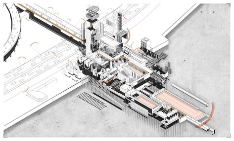 [MITIGATING THE MACHINE] Manhattan Thermal Baths on Behance Manhattan Wallpaper, Manhattan Photography, Axonometric Drawing, Thermal Baths, Revit Architecture, Landscape Model, Architecture Collage, Architecture Graphics, Thermal Bath