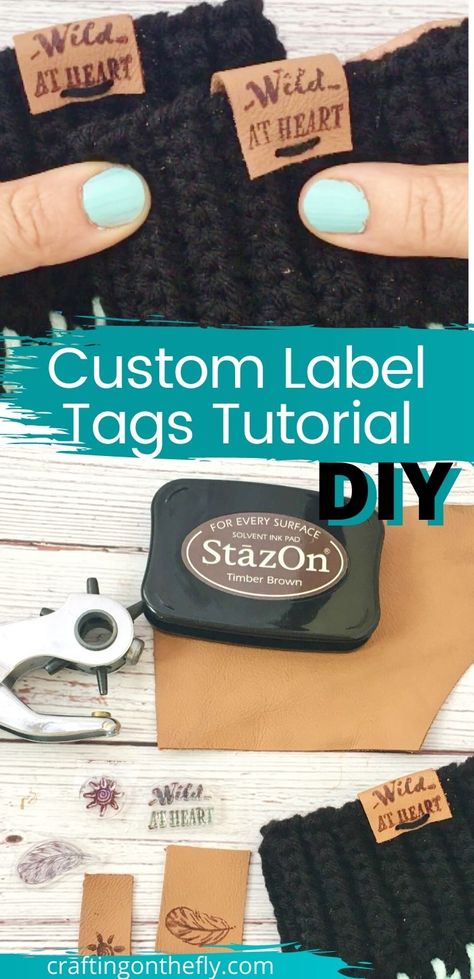 Homemade Tags For Crochet Items, Custom Tags For Crochet, Leather Tabs For Crochet, Leather Label Tag, Diy Faux Leather Hat Tags, Crochet Labels Tags, Leather Tags For Handmade Items Diy, Product Tags For Handmade Items, How To Make Leather Tags For Hats