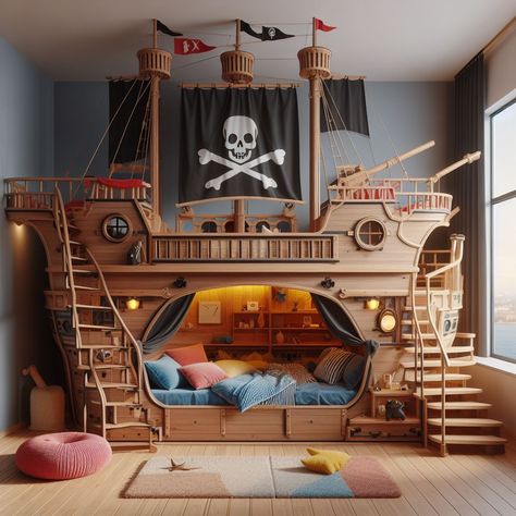 Pirate Ship-Shaped Bed: Get Ready To Set Sail Right in Your Room Pirate Playroom, Hunt Room, Castle Bedroom Kids, Pirate Ship Bedroom, Pirate Bedroom Theme, Pirate Ship Bed, Cool Boys Bedroom Ideas, Bunk Beds For Boys Room