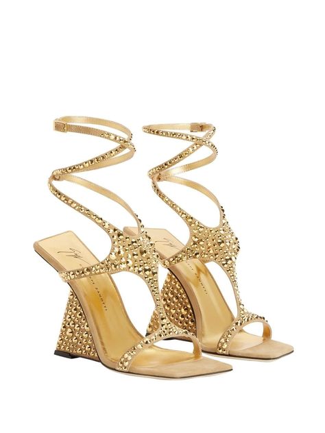 Giuseppe Zanotti Tutankamon Crystal 105mm Sandals - Farfetch Prom Wedges, Gold Prom Shoes, Shoes For Prom, Gold Wedge Heels, Wedged Heel, Strappy Wedge Heels, High Heels For Prom, Heels Prom, Gold Wedges