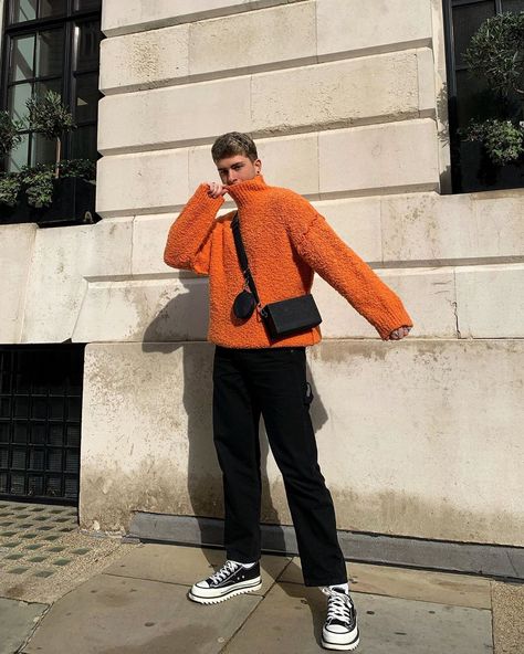 𝔧𝔬𝔢𝔩 on Instagram: “orange you glad to see me?” Orange Sweater Outfit, Sweater Outfits Men, Orange Streetwear, Orange Accessories, Orange Fits, Orange Sweater, Orange Outfit, Orange You Glad, Guys Clothing Styles