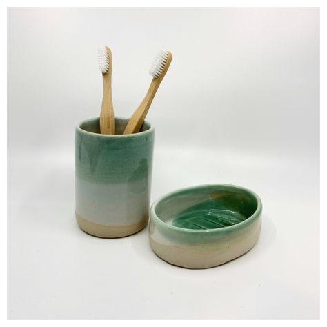 Handmade ceramic toothbrush and soap dish holders. Wheel thrown pottery makes the best gifts for any occasion. Tooth Brush Holder Ideas, Handmade Toothbrush Holder, Diy Clay Toothbrush Holder, Toothbrush Holder Ceramic, Toothbrush Holder Pottery, Ceramic Tooth Brush Holder, Wheel Thrown Toothbrush Holder, Pottery Toothbrush Holder, Ceramic Toothbrush Holder