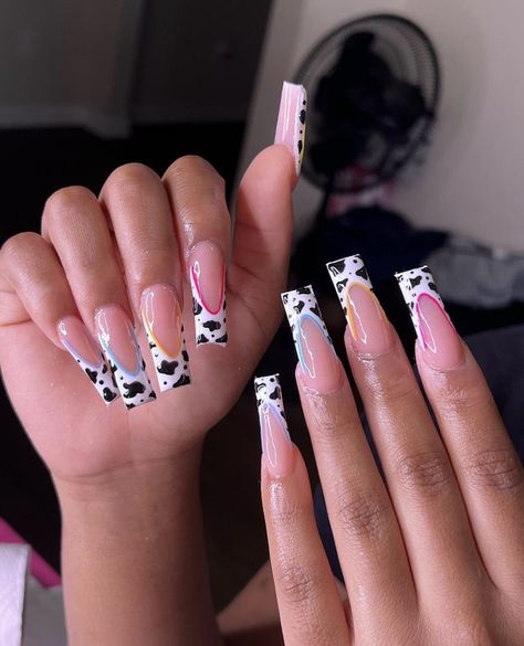 Rodeo Nails, Cow Nails, Long Acrylic Nail Designs, Colored Acrylic Nails, French Tip Acrylic Nails, Dope Nail Designs, Acrylic Nails Coffin Pink, Long Square Acrylic Nails, Unique Acrylic Nails