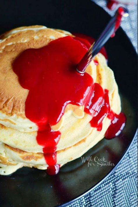 . Vampire Breakfast, Halloween Pancakes, Will Cook For Smiles, Halloween Breakfast, Easy Halloween Food, Strawberry Syrup, Healthy Halloween, Pumpkin Pancakes, Halloween Desserts