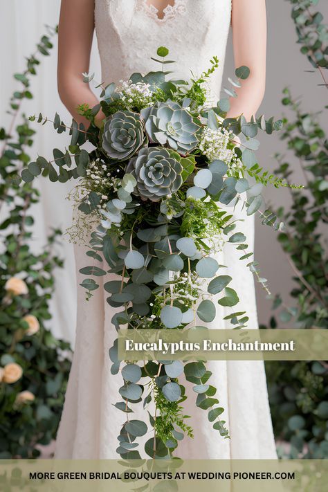 Budget-Friendly Green Wedding Bouquet Ideas Dark Green And Eucalyptus Wedding, Wedding Eucalyptus Bouquet, Foliage Bouquet Wedding, Forest Bridal Bouquet, Green Flowers For Wedding, Dark Green Bouquet, Wedding Bouquets Greenery, Sage Green Bridal Bouquet, Green Bouquet Flowers