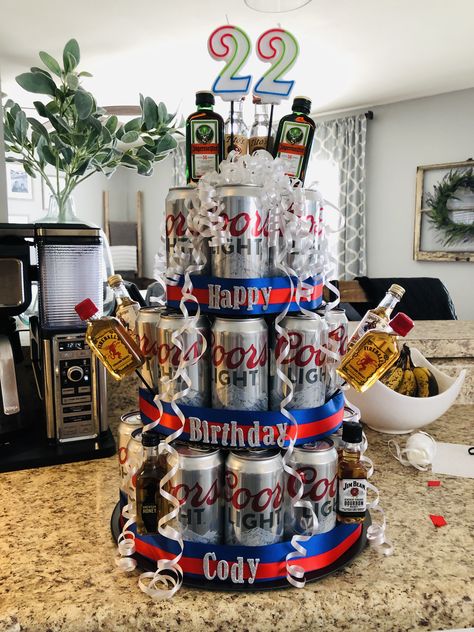 Beer “cake” design with Coors Light Beer Cake Design, Beer Cakes For Men, Diy Beer Cake, Beer Cake Tower, 21st Birthday Beer Cake, Beer Bottle Cake, Beer Can Cake, Beer Can Cakes, Birthday Beer Cake