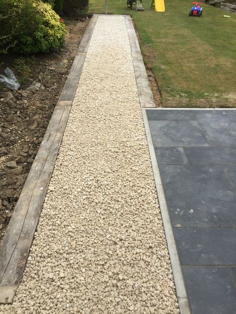 Sleeper and Cotswold stone path leading up the garden. Cotswold Chippings Garden, Cotswold Stone Garden, Cotswold Stone Gravel, Sleeper Path, Farm Landscaping, Cotswold Stone, Stone Garden Paths, Pebble Garden, Gravel Landscaping