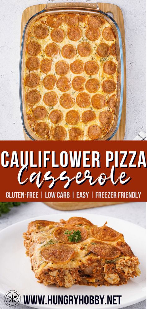 Cauliflower Pizza Casserole is cauliflower pizza in casserole form! High protein, low carb, and absolutely packed with veggies! Dinner Recipes With Ground Turkey, Cauliflower Pizza Casserole, Cauliflower Rice Pizza, Cauliflower Pizza Recipe, Postpartum Freezer Meals, Recipes With Ground Turkey, Frozen Cauliflower, Healthy Casserole, Dinner Casserole Recipes