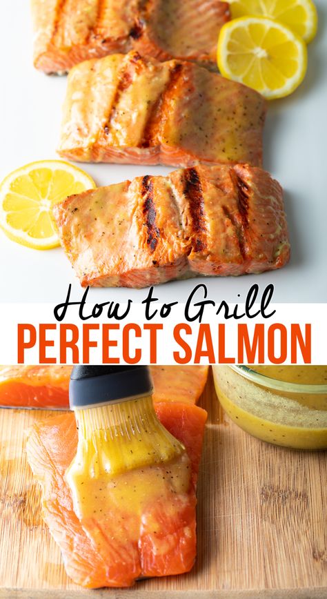 How to Grill Salmon - Cook perfectly flaky, succulent salmon on the grill all summer long with our foolproof tips and the easiest marinade recipe! You won't believe how simple it is to make this impressive dish at your next cookout. #grilledsalmon #salmonrecipe #howtogrillsalmon #bestsalmon #salmonmarinade #aspicyperspective Grill Salmon On Grill, How To Cook Salmon On The Grill, Grilled Salmon Marinade, Dinner Meatless, Salmon On The Grill, Salmon Marinade Recipes, Kamado Grill Recipes, How To Grill Salmon, Grill Salmon