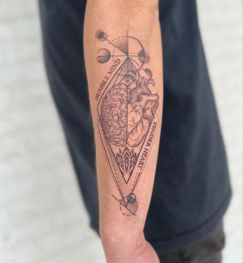 Human Heart And Brain Tattoo, Heart Over Head Tattoo, Head And Heart Balance Tattoo, Head Over Heart Tattoo, Balance Between Heart And Mind Tattoo, Mind Vs Heart Tattoo, Head Vs Heart Tattoo, Brain Vs Heart Tattoo, Head Heart Tattoo