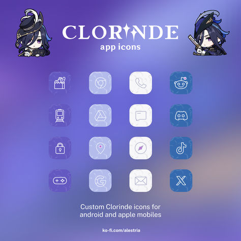 Just finished my icon pack for Clorinde from Genshin Impact! Each icon showcases her commanding presence and striking beauty, ideal for personalizing your Android or Apple device. Get your FREE icon pack now! Check the link in my bio for more details. #GenshinImpact #Clorinde #GamerIcons #DigitalArt #IconDesign #UniqueIcons #CustomIcons #Aesthetic #Purple #Blue Icon Pack Android, Aesthetic Genshin, My Icon, Striking Beauty, Apple Mobile, Aesthetic Purple, Free Icon Packs, Custom Icons, Free Icon