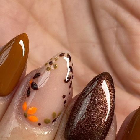 fall nails ;fall nail designs ;fall nail colors Autumn Nail Designs Almond, Nail For September, Beginner Fall Nail Designs, Fall Time Nails Designs, Witchy Autumn Nails, October Themed Nails, October Nail Art Designs, Funky Autumn Nails, Nail Art September