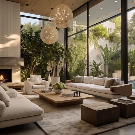 Indoor Outdoor Lounge, Luxury Family Room Design, Indoor Outdoor Living Room Ideas, Luxury Lake House Interior, Montauk Bedroom, Tulum Living Room, Boho Interior Design Living Room, Luxury Lounge Design, Biophilic Living Room