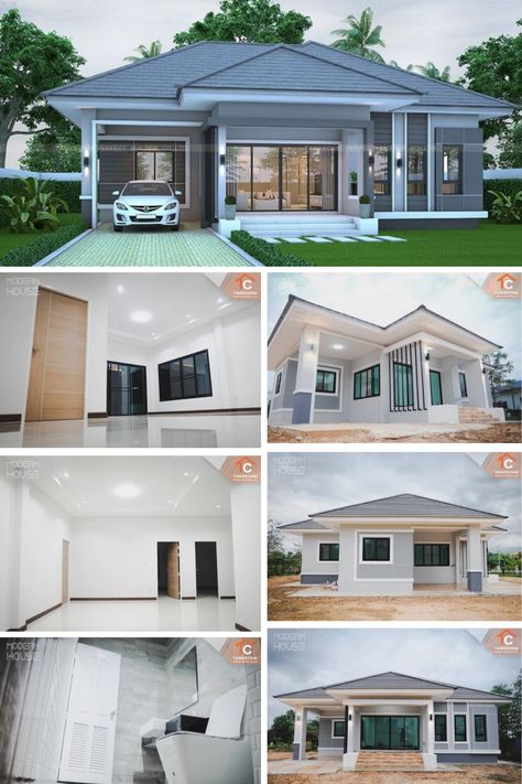 Gray Bungalow with Three Bedrooms Bali House Plans Layout, Three Bedroom House Plans Modern, Modern Bungalow House Plans, Single Storey House Plans, Small House Blueprints, Three Bedroom House Plan, Bungalow Style House, One Storey House, House Concept