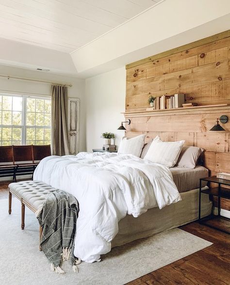 Adding wall sconces directly to a headboard made of salvaged wood elevates the entire look while maintaining a down-to-earth, rustic vibe at the same time. #hunkerhome #lighting #bedroomlighting #wallsconce #sconces Accent Wall Headboard Diy, Wall Headboard Ideas Diy Master Bedrooms, Bedroom Inspirations Diy, Bedroom Wall Sconces, Wall Headboard, Diy Wood Headboard, Headboard With Shelves, Simple Farmhouse, Makeover Bedroom