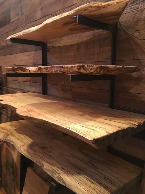 Live Edge Shelves, Rustic Wood Floating Shelves, Live Edge Furniture, Home Coffee Bar, Wood Floating Shelves, Reclaimed Wood Furniture, Rustic Shelves, Live Edge Wood, Barnwood