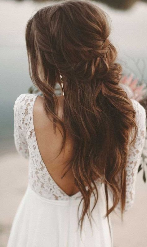 Flowing Wedding Dresses, Bride Hair Down, Boho Wedding Dress With Sleeves, Boho Wedding Hair, Wedding Hair Down, Bridal Hairstyles, Elegant Bride, Wedding Boho, Half Up Half Down Hair