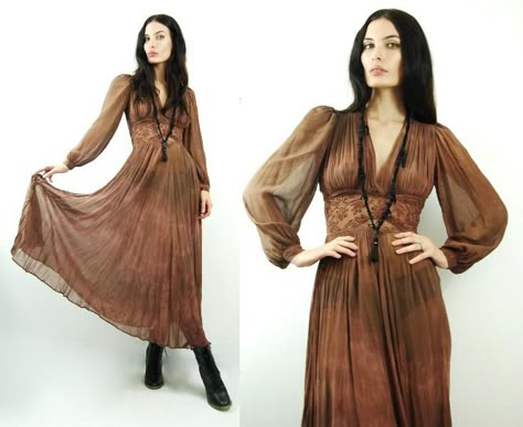 30s (or 70s) sheer dress Long 70s Dress, Flowy Witch Dress, 70s Boho Dress, 70s Witchy Fashion, 70s Dresses Aesthetic, 70s Witch Aesthetic Fashion, 70s Victorian Fashion, Witch Fashion Aesthetic Modern, 70s Dark Fashion