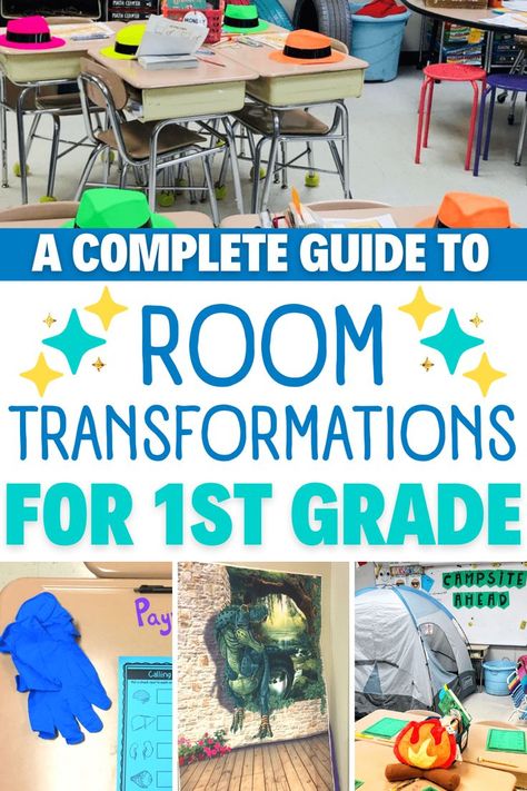 A variety of classroom transformations 1st Grade Room Transformations, First Grade Theme Days, First Grade Classroom Transformations, Class Transformation Ideas, Classroom Room Transformations, Classroom Transformation Ideas 1st Grade, Room Transformation Classroom, Classroom Theme Days, Transformation Classroom