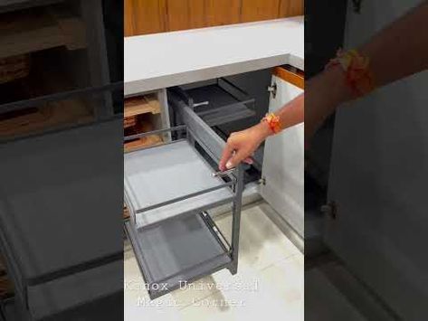 Universal Magic Corner [Exclusive Moduler Kitchen Accessories] - YouTube Magic Corner Kitchen Cabinet Storage, Modular Kitchen Corner Cabinet, Magic Corner Kitchen Cabinet, Magic Corner Kitchen, Kichan Farnichar Design, Crockery Unit Ideas, Modern Crockery Unit, Kitchen Corner Cabinet Ideas, Kitchen Trolley Design