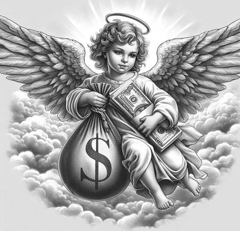 Angel Holding Money Bag Tattoo, Angel With Money Bag Tattoo, Success Tattoo, Rich Tattoo, Money Angel, Upper Arm Tattoos For Guys, Money Bag Tattoo, Bag Tattoo, Angel Statues Sculpture